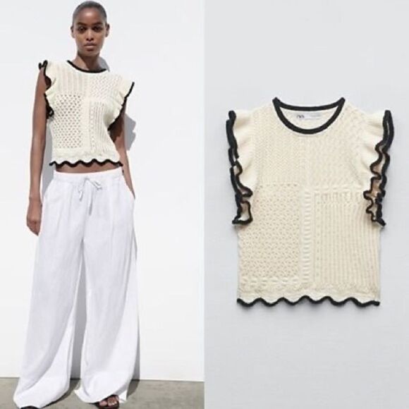 Zara Pointelle Ruffled Knit Top New - Picture 5 of 7